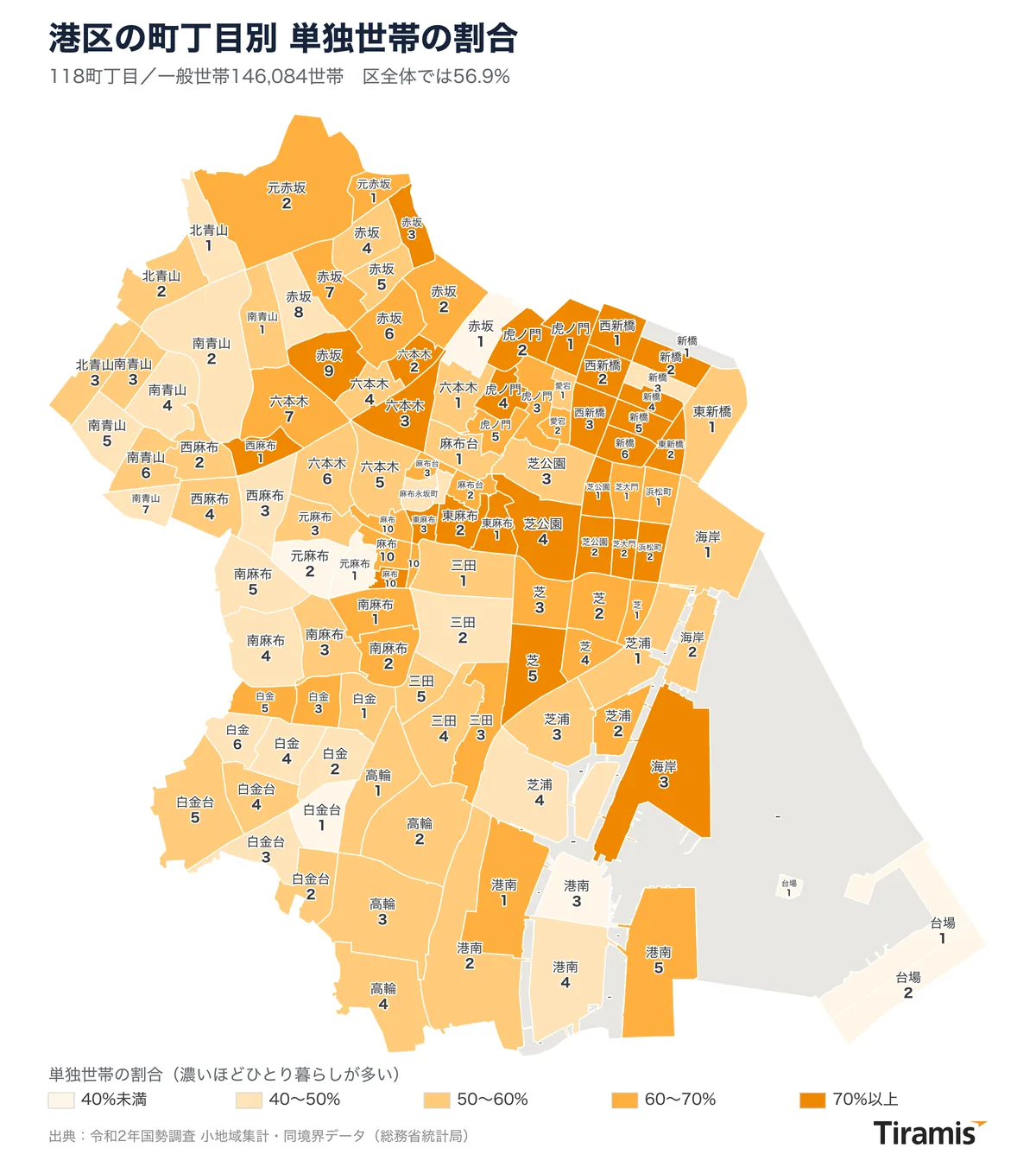 港区の118町丁目を単独世帯の割合で色分けし、町名と丁目番号を入れた地図